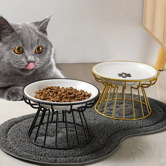 Elevated Ceramic Cat Bowl with Anti-Tip Iron Rack – Anti-Whisker Fatigue, Spill-Free Feeding