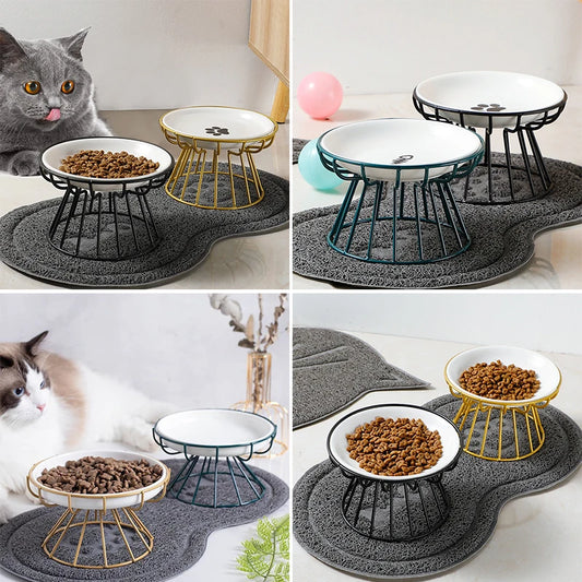 Elevated Ceramic Cat Bowl with Anti-Tip Iron Rack – Anti-Whisker Fatigue, Spill-Free Feeding
